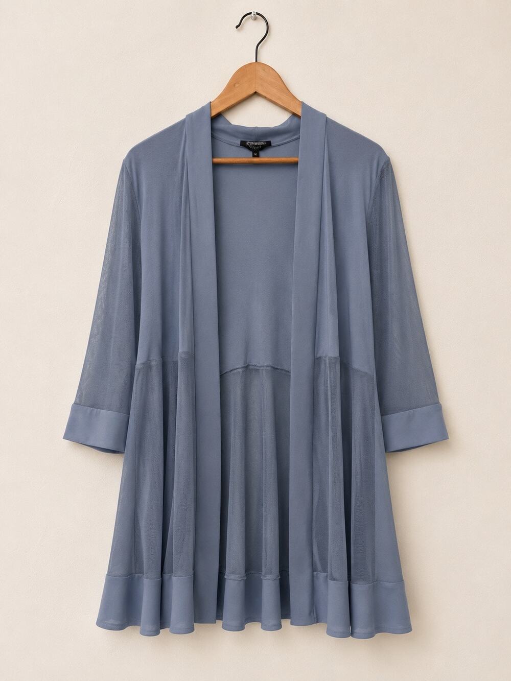 R&M Richards Grey Blue Sheer Mesh Lightweight Open Jacket Size 14 Cardigan Top